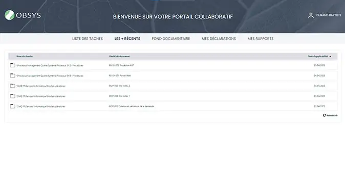Capture d'écran des documents récents d'un utilisateur sur son portail collaboratif OBSYS 
