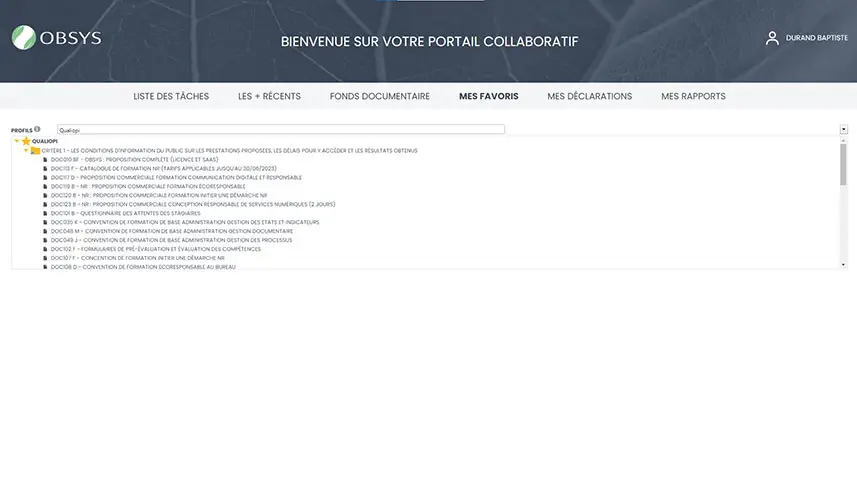 Capture d'écran des documents favoris d'un utilisateur sur son portail collaboratif OBSYS 
