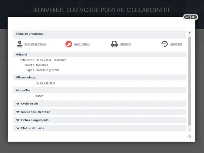 Capture d'écran d'une fiche de propriétés sur le portail collaboratif OBSYS GED