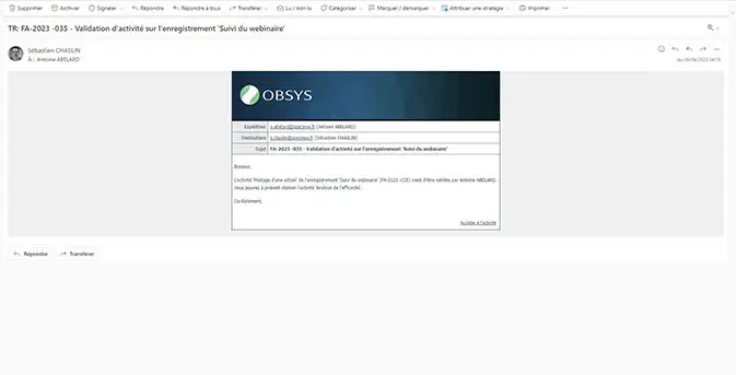 Capture d'écran d'un mail de notification envoyé automatiquement par OBSYS GED