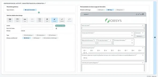 Capture d'écran de la création et mise en forme d'un formulaire OBSYS FLOW
